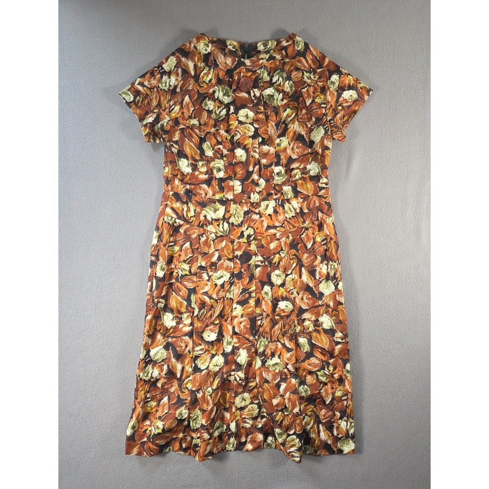 Vintage Floral Dress Womens Medium Autumn Short Sleeve Midi House Pleated 70s